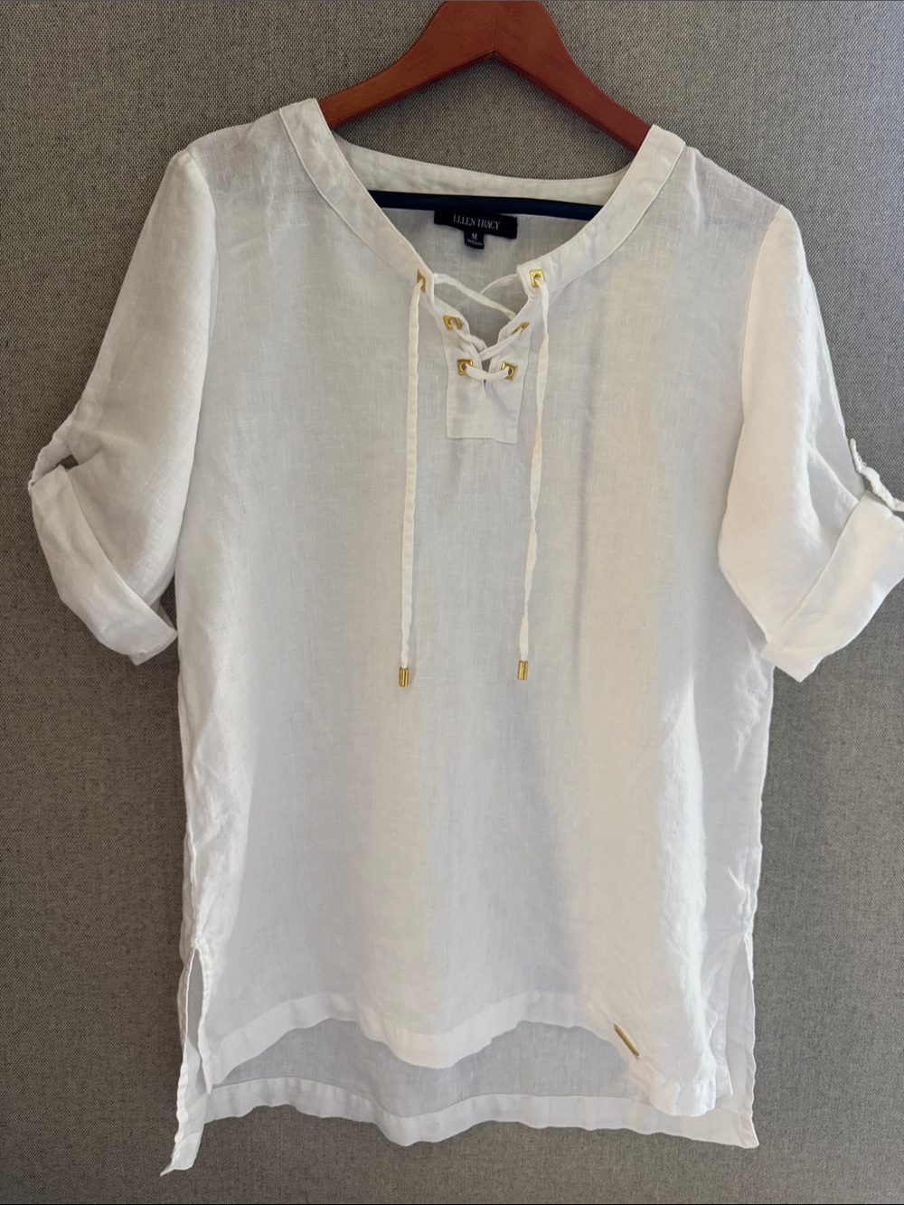 Ellen Tracy  White Lace-Up Linen Tunic Top